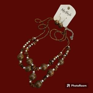 MY STYLE Brown Glass Beaded Necklace Earrings Set
